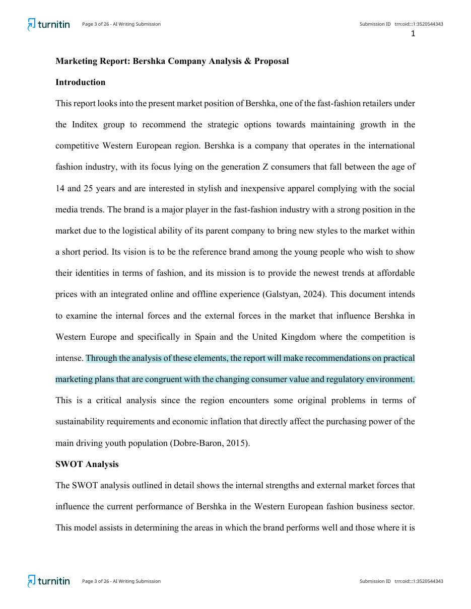 How to read a Turnitin AI report: cyan highlighted sentence flagged as likely AI-generated